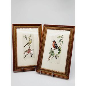 Vintage Set of 2 Bird Etchings (Colored) Fine Art Imports, Framed, Signed